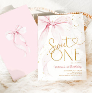 Pink Bow 1st Birthday Sweet One Coguette Invitation