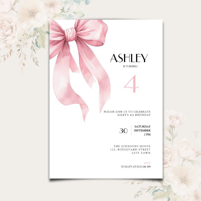 Pink Bow 4th Birthday Invitation for Girls (Pink bow coquette ribbon 4th birthday invitation for girls.)