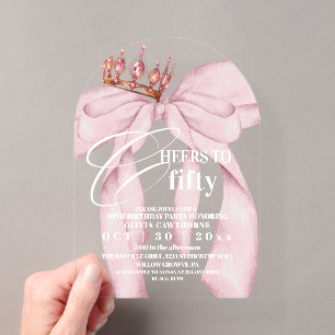 Pink Bow 50th Birthday Party Acrylic Invitations