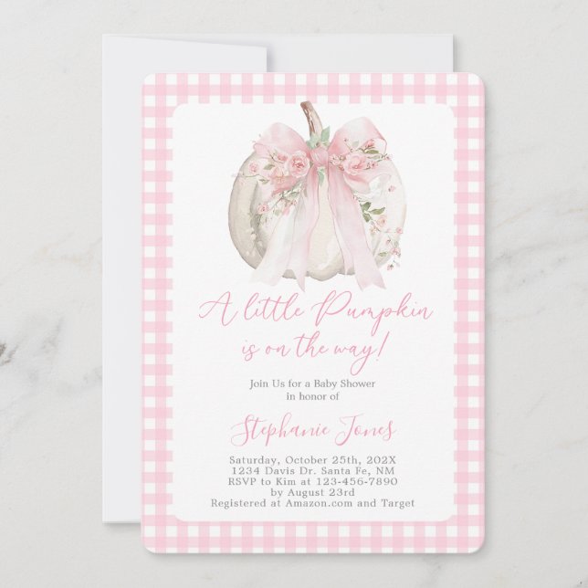 Pink Bow A Little Pumpkin Baby Shower girl Invitation (Front)