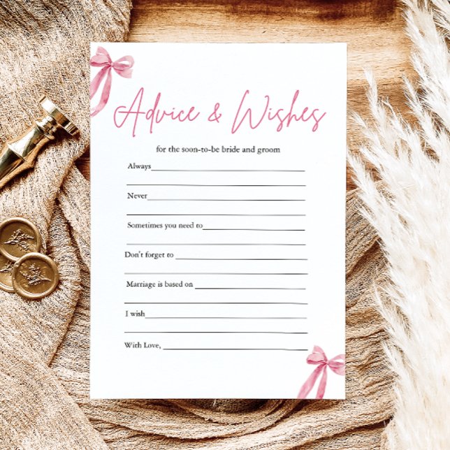 Pink Bow Advice and Wishes Bridal Shower Game Invitation (Creator Uploaded)