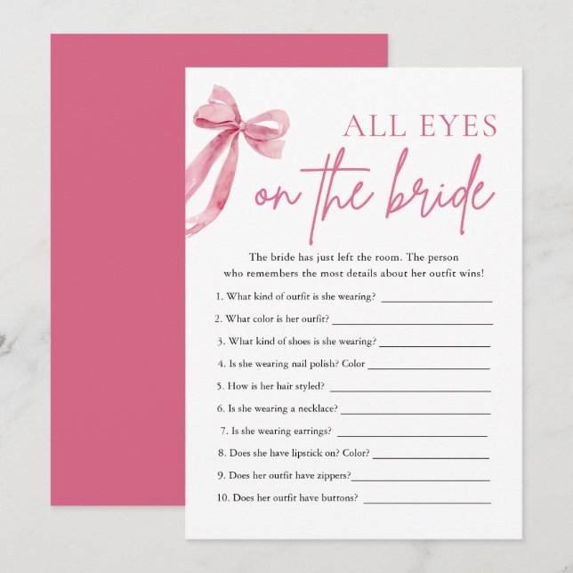 Pink Bow All Eyes On The Bride Bridal Shower Game  Invitation (Front/Back)