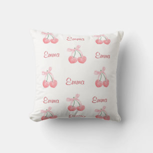 Pink Bow and Cherry Personalized Custom Girl Name Throw Pillow