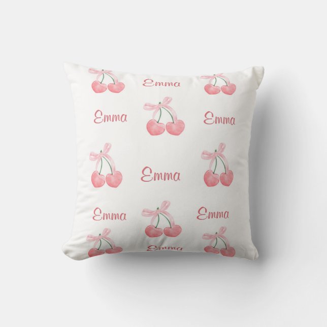 Pink Bow and Cherry Personalized Custom Girl Name Throw Pillow (Front)