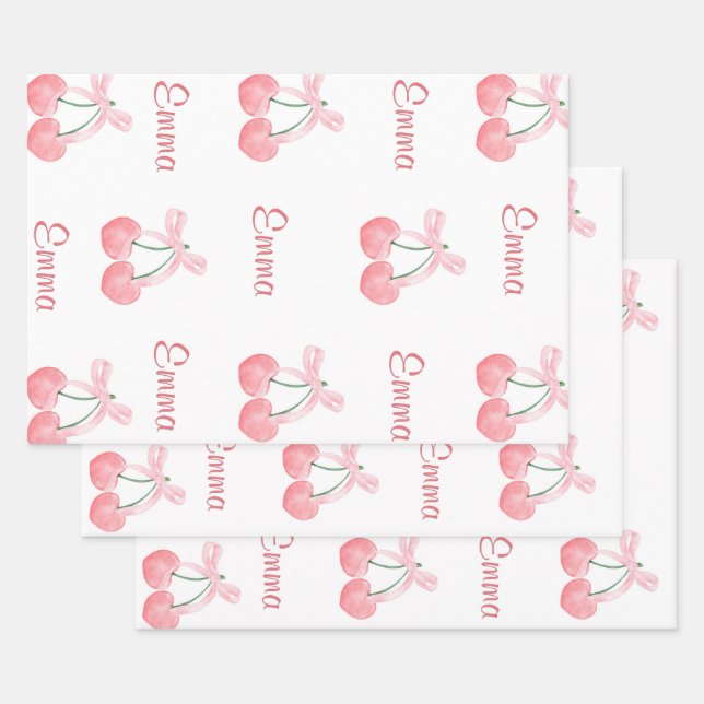 Pink Bow and Cherry Personalized Custom Girl Name Wrapping Paper Sheet (Set)