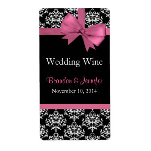 Pink Bow and Damask Wedding Mini Wine Labels
