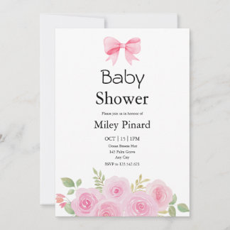 Pink Bow and Floral Baby Shower Invitation