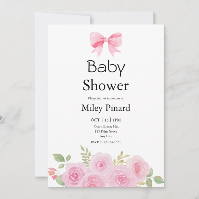 Pink Bow and Floral Baby Shower Invitation (Devant)