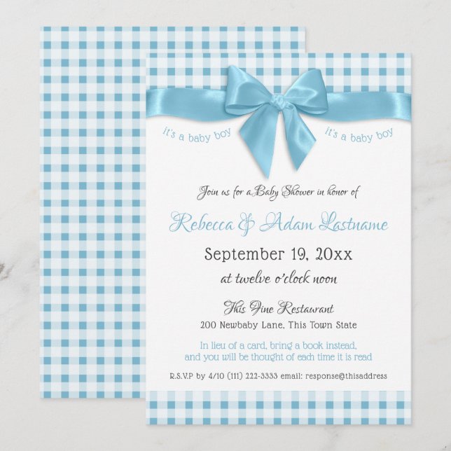 Pink Bow and Gingham Check Baby Shower Invitation (Front/Back)