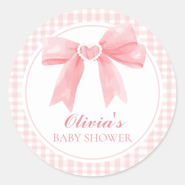 Pink bow and gingham preppy baby shower classic round sticker (Front)