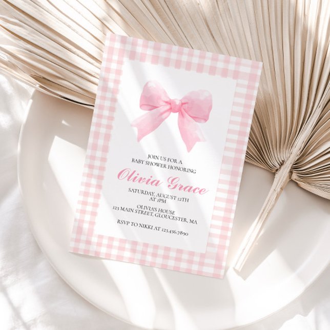 Pink bow and gingham preppy baby shower invitation (Creator Uploaded)