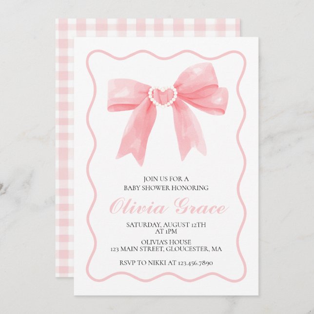Pink bow and gingham preppy baby shower invitation (Front/Back)