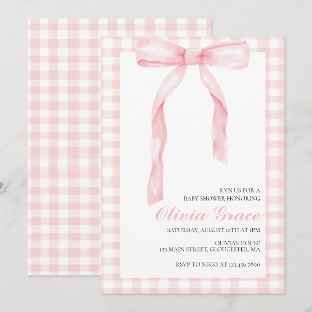 Pink bow and gingham preppy baby shower invitation (Front/Back)