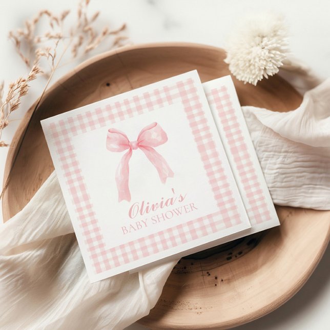 Pink bow and gingham preppy baby shower napkin (Creator Uploaded)