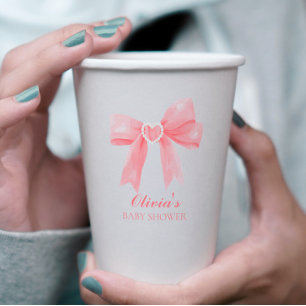 Pink bow and gingham preppy baby shower paper cups