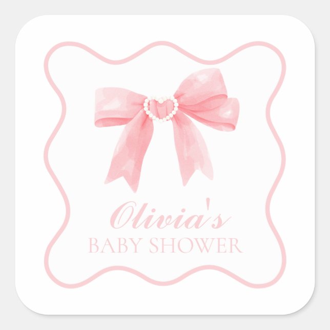 Pink bow and gingham preppy baby shower square sticker (Front)
