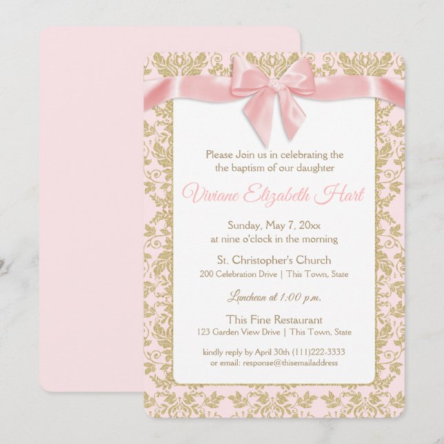 Pink Bow and Gold Damask Baptism Invitation (Front/Back)