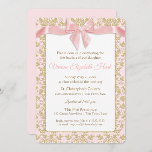 Pink Bow and Gold Damask Baptism Invitation