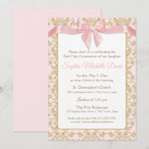 Pink Bow and Gold Damask First Communion Invitation