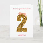 Pink Bow and Gold Glitter 2nd Birthday Card<br><div class="desc">A pretty 2nd birthday card featuring a gold glitter number two with a pink bow. Please note there is not actual glitter, but a glitter design effect. You will be able to easily personalize the front with the recipient and the birthday girl's name in a soft pink colour. There is...</div>