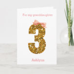 Pink Bow and Gold Glitter 3rd Birthday Card<br><div class="desc">A modern 3rd birthday card featuring a gold glitter number three with a pink bow. Please note there is not actual glitter, but a glitter design effect. You will be able to easily personalize the front with the recipient and the birthday girl's name in a soft pink colour. There is...</div>