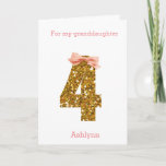 Pink Bow and Gold Glitter 4th Birthday Card<br><div class="desc">A pretty 4th birthday card featuring a gold glitter number four with a pink bow. Please note there is not actual glitter, but a glitter design effect. You will be able to easily personalize the front with the recipient and the birthday girl's name in a soft pink colour. There is...</div>