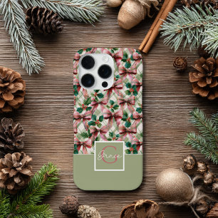 Pink Bow and Holly Watercolor Christmas Pattern iPhone 16 Pro Case