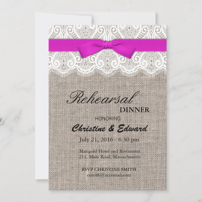 Pink Bow and Lace Wedding Rehearsal Dinner Invitation (Front)