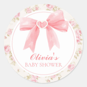 Pink bow and roses preppy baby shower classic round sticker