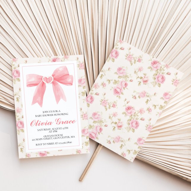 Pink bow and Roses preppy baby shower Invitation (Creator Uploaded)