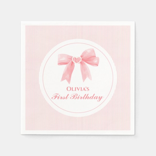 Pink Bow and Stripes Coquette 1st birthday Napkin (Front)