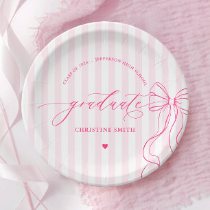 Pink Bow and Stripes Graduate Paper Plate