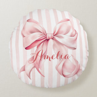 Pink Bow and Stripes Personalized Round Pillow