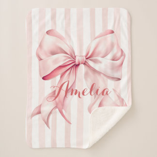 Pink Bow and Stripes Personalized Sherpa Blanket