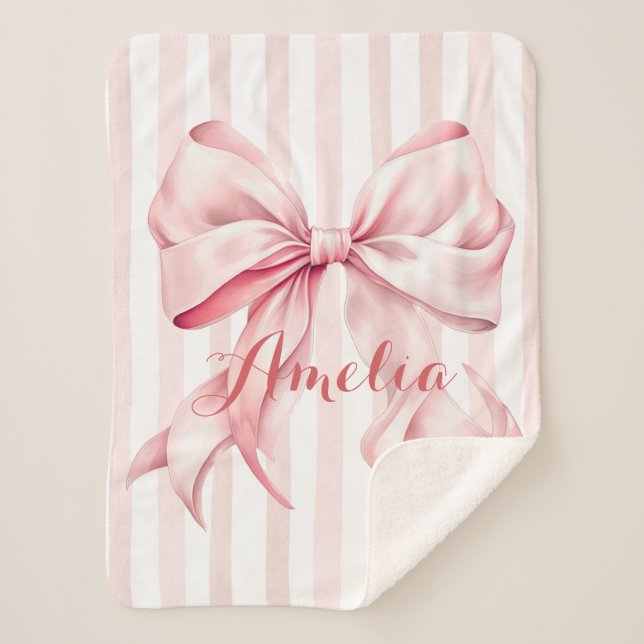 Pink Bow and Stripes Personalized Sherpa Blanket (Front)