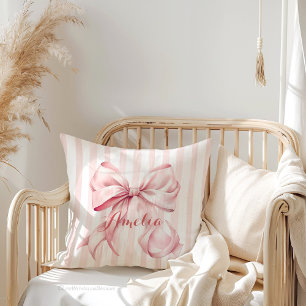 Pink Bow and Stripes Personalized Throw Pillow