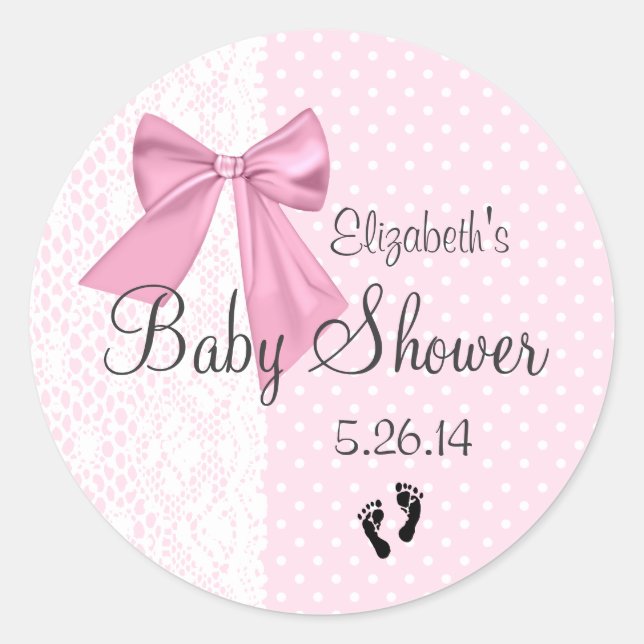Pink Bow and White Lace Baby Shower Favour Classic Round Sticker (Front)