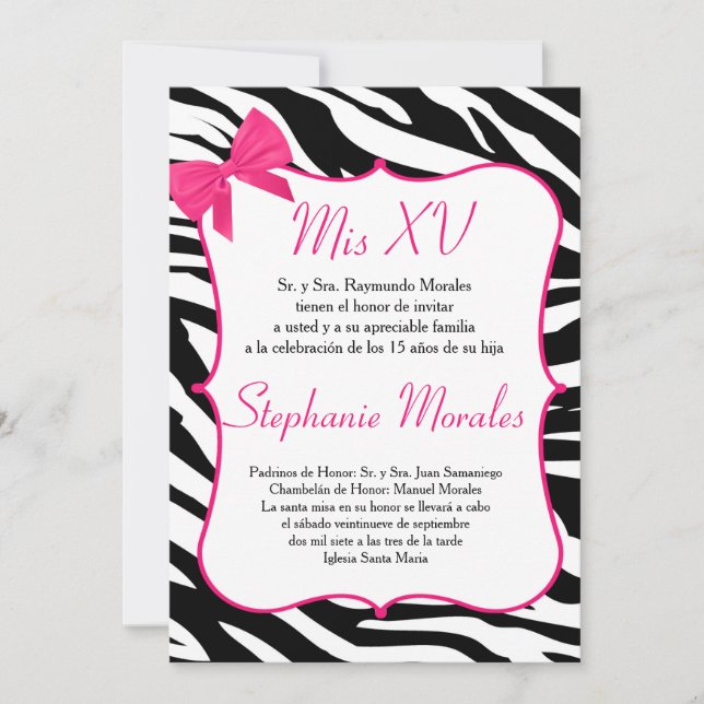 Pink Bow and Zebra Quinceanera Birthday Invitation (Front)