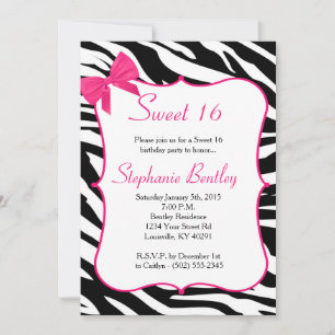 Pink Bow and Zebra Sweet 16 Birthday Invitation