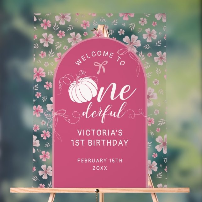 PINK BOW & ARCH FALL PUMPKIN FLOWERS BIRTHDAY ACRYLIC SIGN (Neutral)
