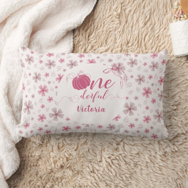 PINK BOW & ARCH FALL PUMPKIN FLOWERS BIRTHDAY LUMBAR PILLOW (Blanket)