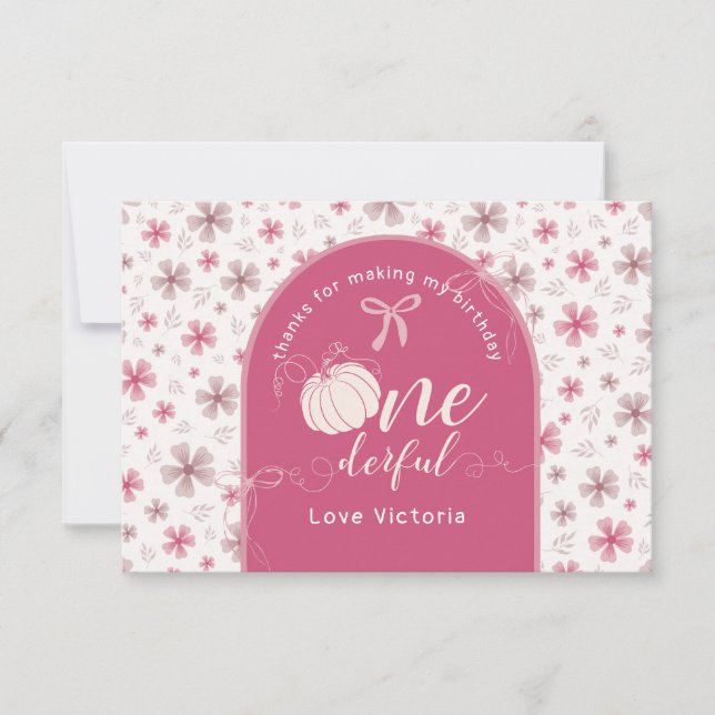 PINK BOW & ARCH FALL PUMPKIN FLOWERS BIRTHDAY THANK YOU CARD (Front)