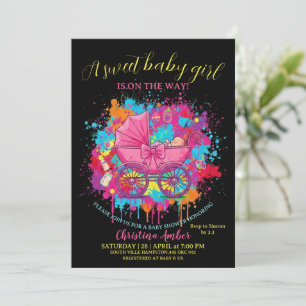 Pink Bow Baby Carriage Girl Baby Shower Invitation