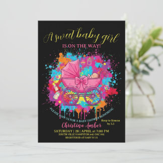 Pink Bow Baby Carriage Girl Baby Shower Invitation