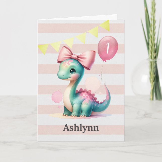 Pink Bow Baby Dinosaur 1ère carte d'anniversaire (Devant)