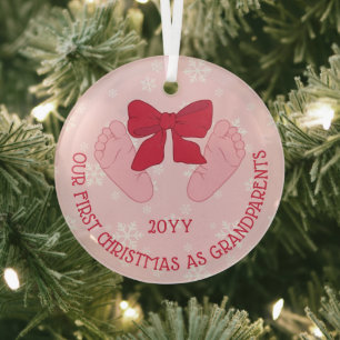 Pink Bow Baby Feet Grandparents First Christmas Glass Ornament