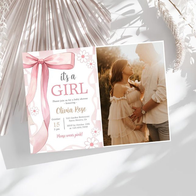 Pink Bow Baby Girl Shower Photo Invitation (Creator Uploaded)