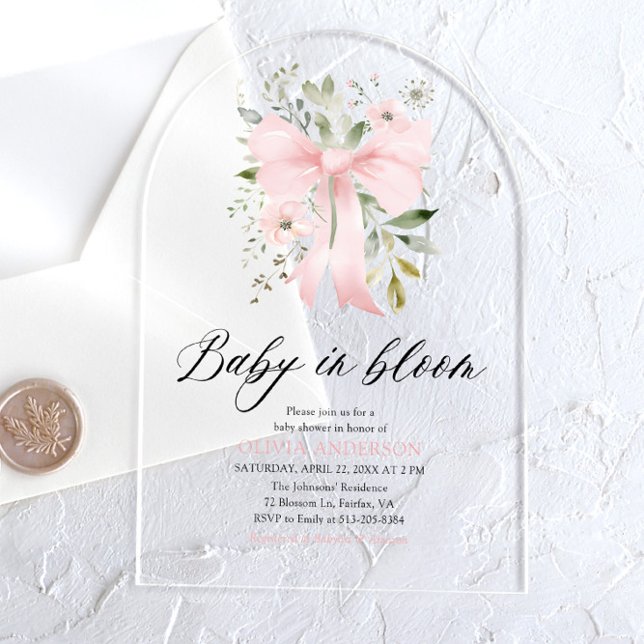 Pink Bow Baby in Bloom Floral Girl Baby Shower Acrylic Invitations (Creator Uploaded)