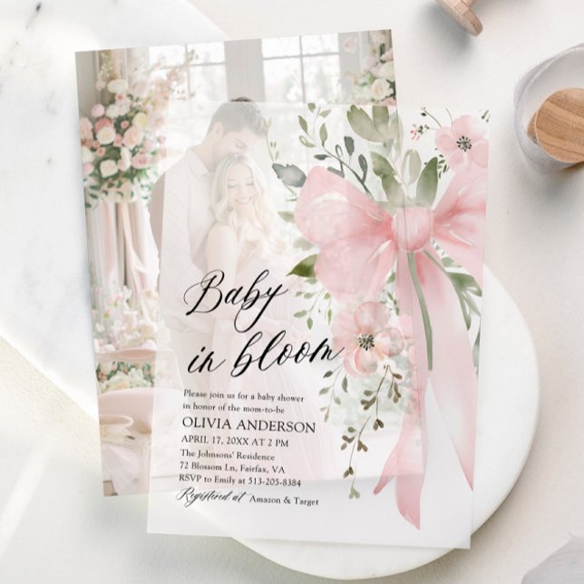 Pink Bow Baby in Bloom Floral Girl Baby Shower Vellum Invitations (Pink Bow Baby in Bloom Floral Girl Baby Shower Vellum Invitations)