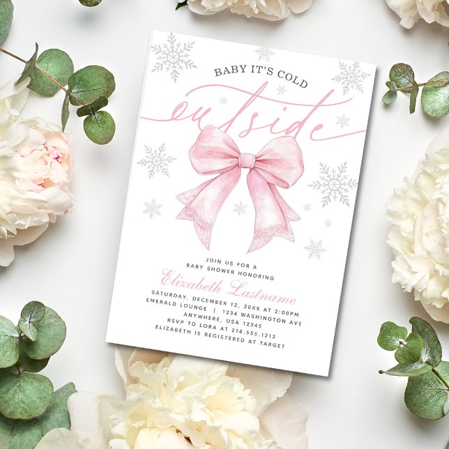 Pink Bow Baby It’s Cold Outside Winter Baby Shower Invitation (Celebrate your bundle of joy using our Pink Bow “Baby It’s Cold Outside Baby Shower Invitation". )